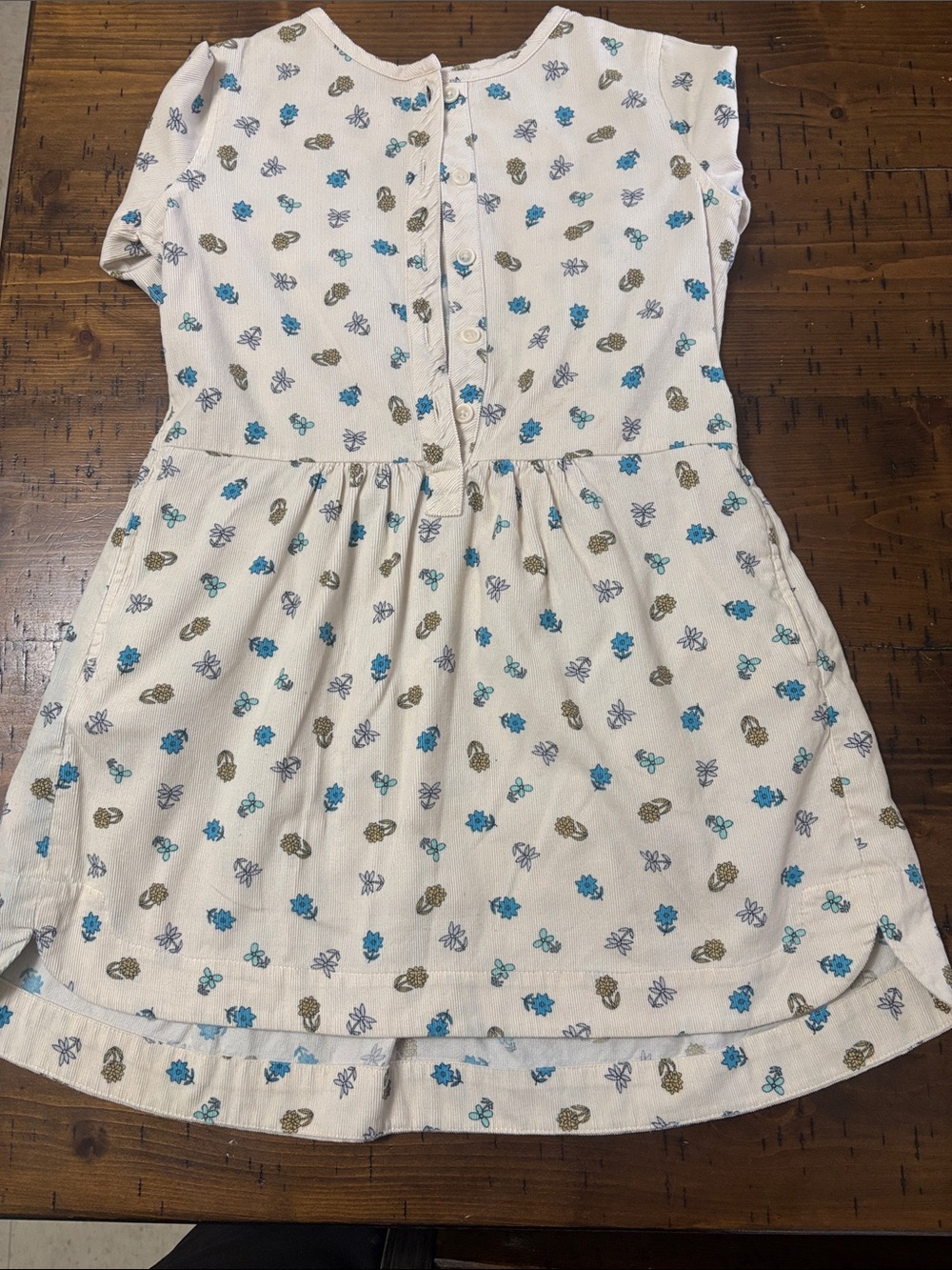 Cream Floral Button-Back Dress with Blue & Olive Accents